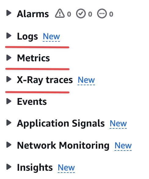 תפריט cloudwatch לוגים טרייסים מטריקות